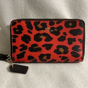 Coach Double Zip Red Leopard Wallet